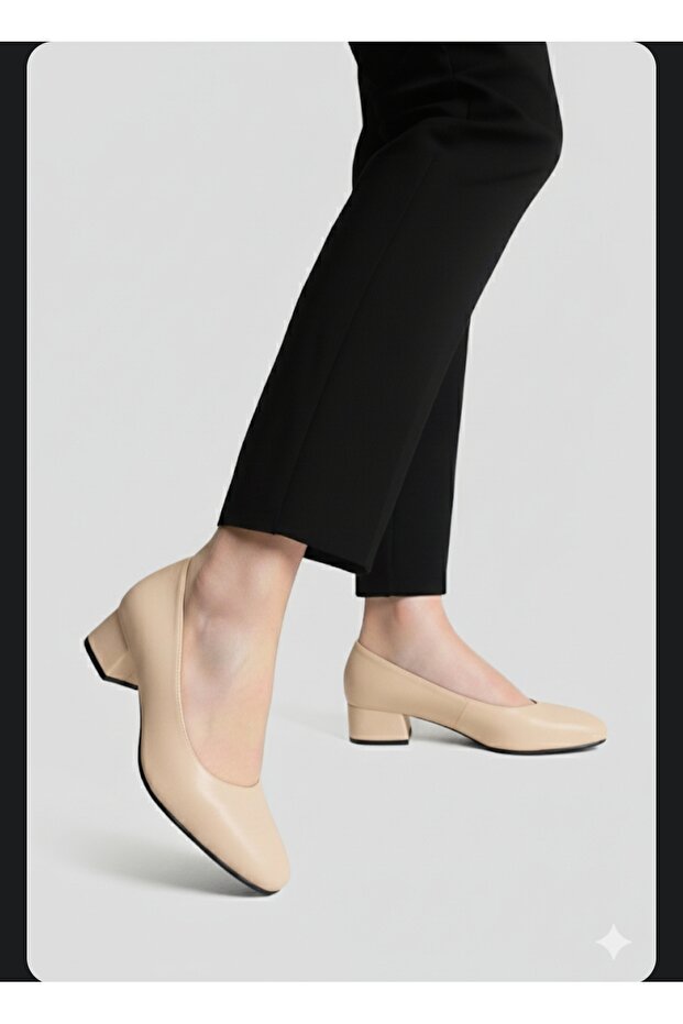 Genuine Leather Beige Low Heeled Square Toe Stewardess Shoes