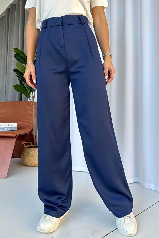 High Waist Double Leg Satin Trousers - Navy Blue