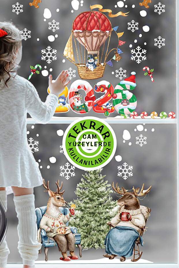 2026 New Year's Deer and Balloon Themed - Non-Adhesive Reusable Sticker 77X29