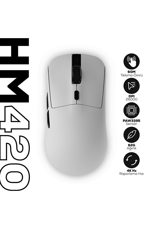 HM420 4K Hz 26000 DPI Tri-Mode Kablosuz/Bluetooth Şarj Standlı Beyaz Gaming Oyuncu Mouse - 1