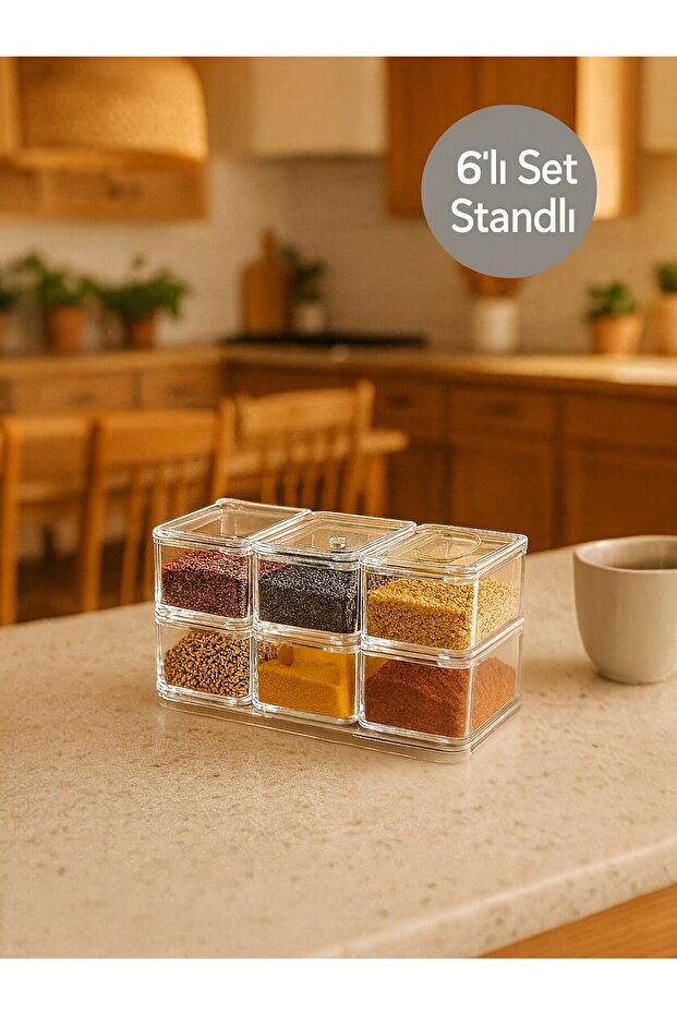 6-Piece Clear Spice Bowl Set with Stand and Spoon