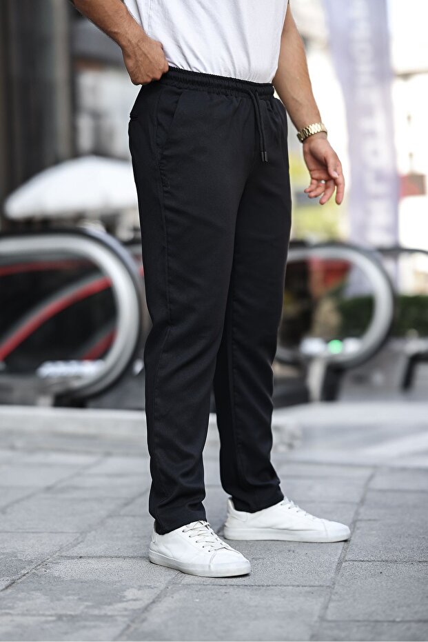 Erkek Bel Lastikli Düz Paça Dar Basic Siyah Pantolon - 2