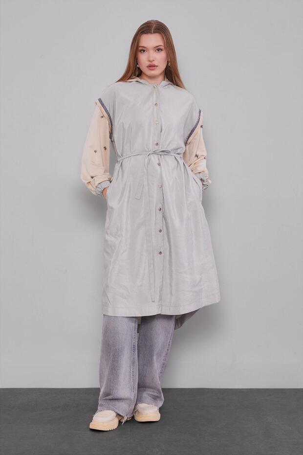 Green-Beige Hooded Trench Coat with Embroidered Sleeves