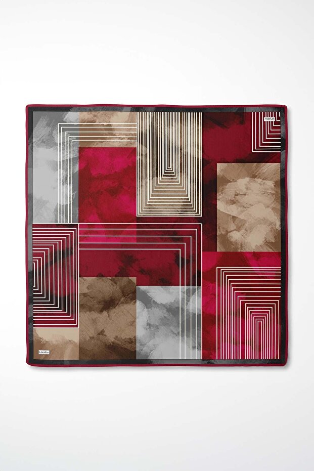 Red Patterned Twill Silk Scarf - 4