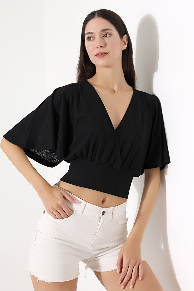 Nola Women's Double Breasted Flounce Sleeves Openwork Jacquard Crop Top & Blouse & Combed Cotton Blouse - Black