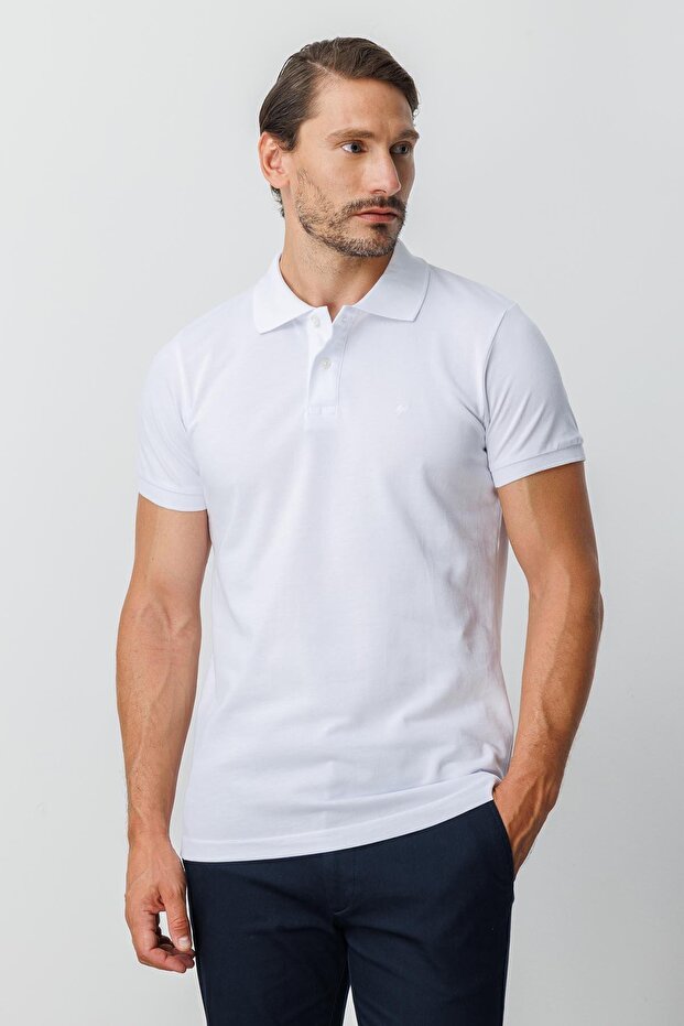 Men's White Modernfit / Slim Fit Polo Collar T-Shirt