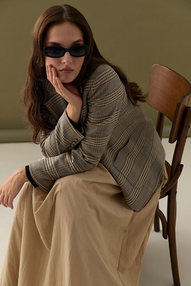 Ekose Blazer Ceket - Bej - 3