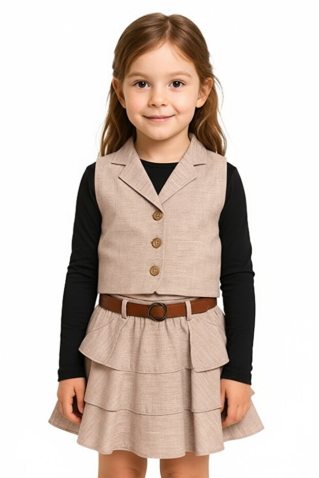 Girl's Linen Vest, Skirt and Black Badili 3-Piece Set (with Belt Accessory)