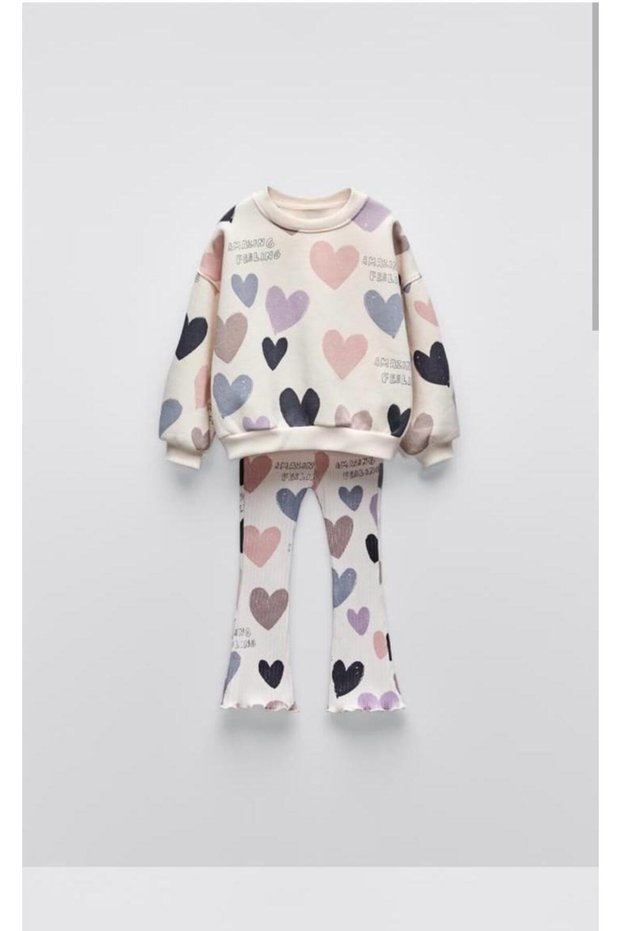 Yigit Boutique Colorful Heart Printed Girls' Set with Tights