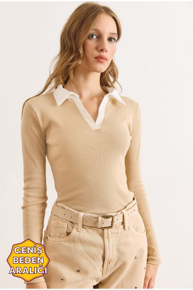 Women's Beige White Color Block Polo Neck Cotton Stretchy Blouse Blz-19003104