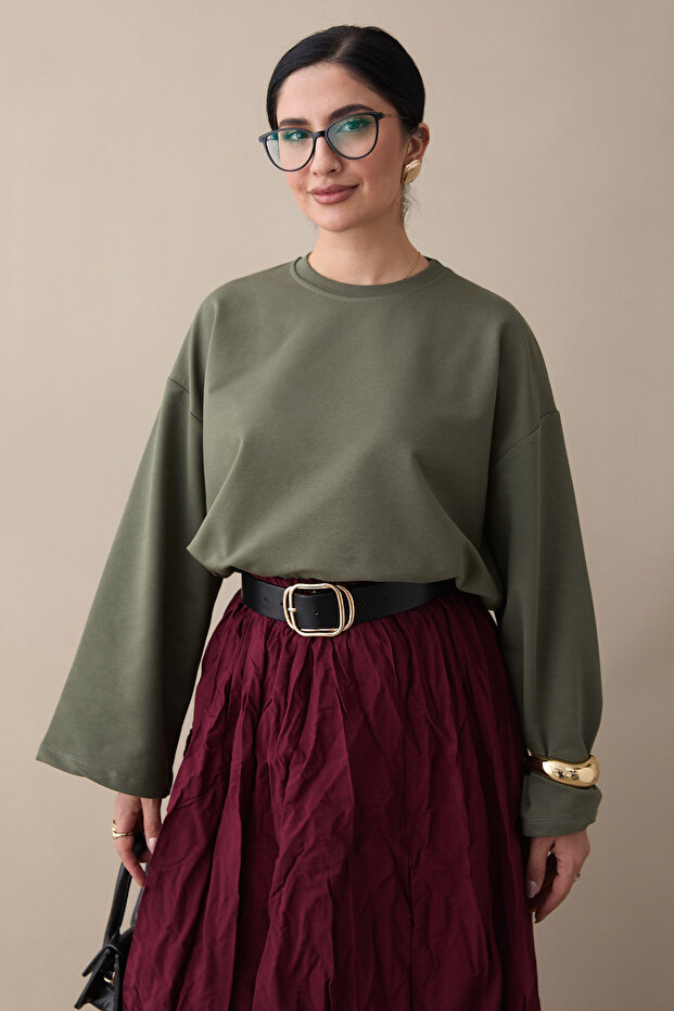 Oversize Geniş Kol Haki Sweat - 4