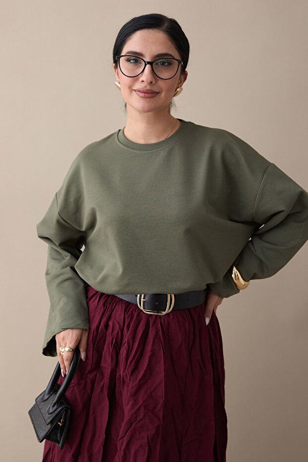 Oversize Geniş Kol Haki Sweat - 1