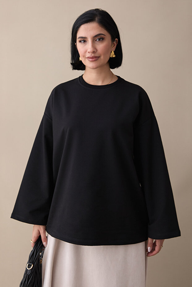 Oversize Geniş Kol Siyah Sweat - 2