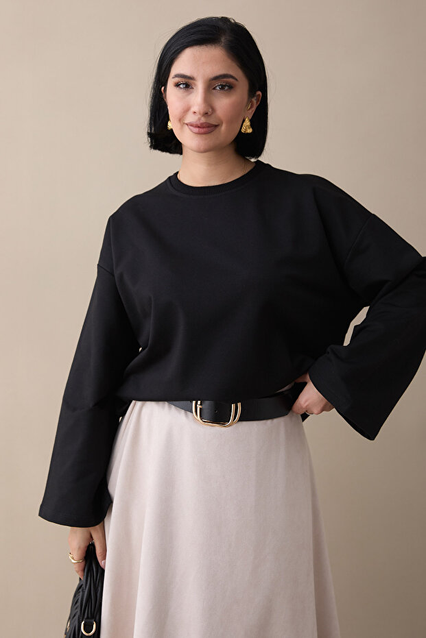 Oversize Geniş Kol Siyah Sweat - 1