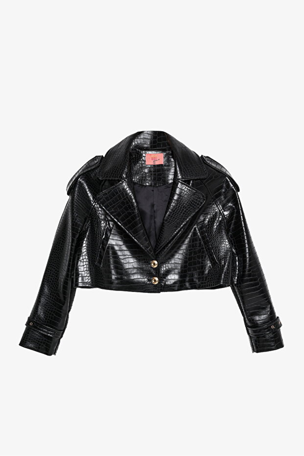 سترة جلدية قصيرة بنقشة التمساح باللون الأسود - 2