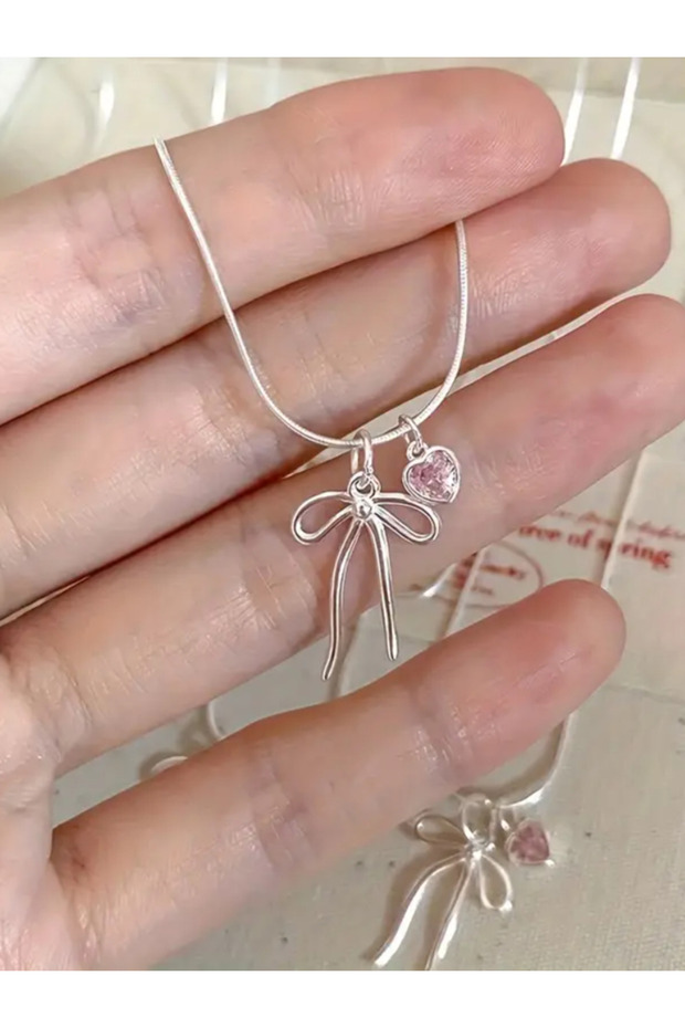 Pink Heart Bow Model Stainless Steel Women's Necklace-Pinterest Model Gift for Lover