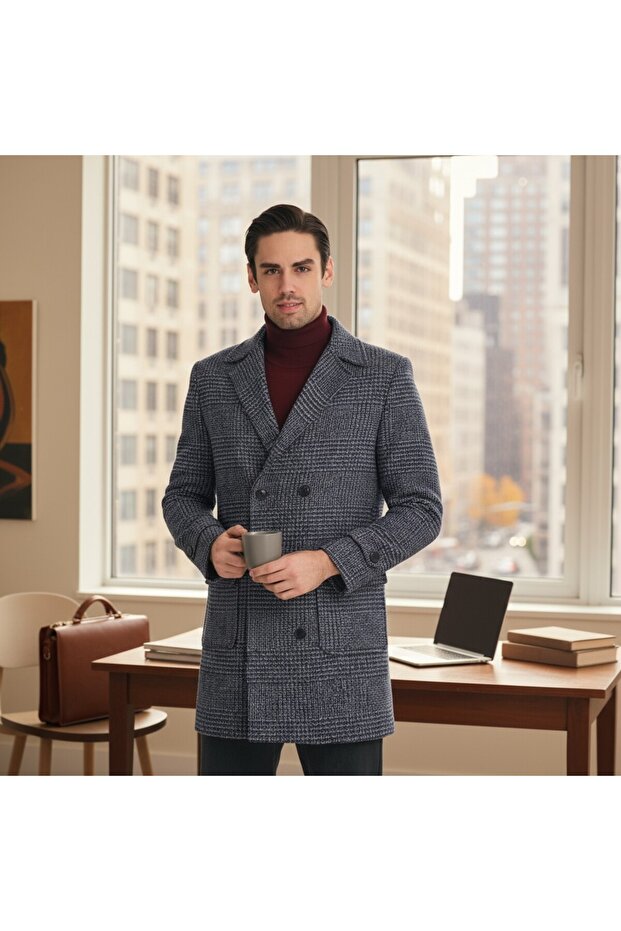 Plaid Patterned Men's Thick Cashmere Coat Regular Fit
