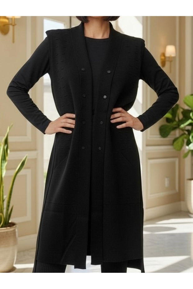 Şık Düğmeli Triko Genç Yeleği / Siyah - 3