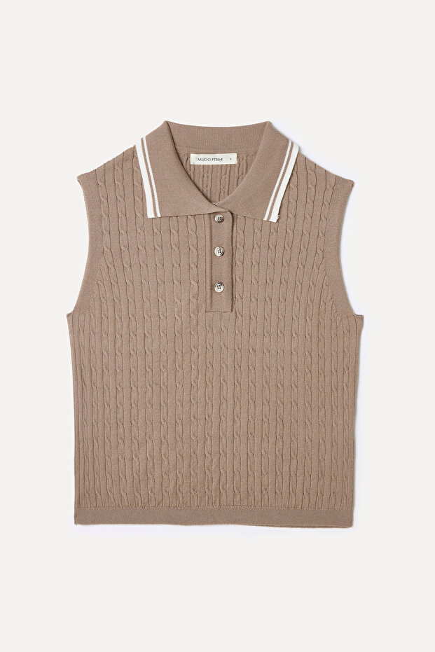 Women's Mink Color Polo Collar Sleeveless Crop Knit Sweater