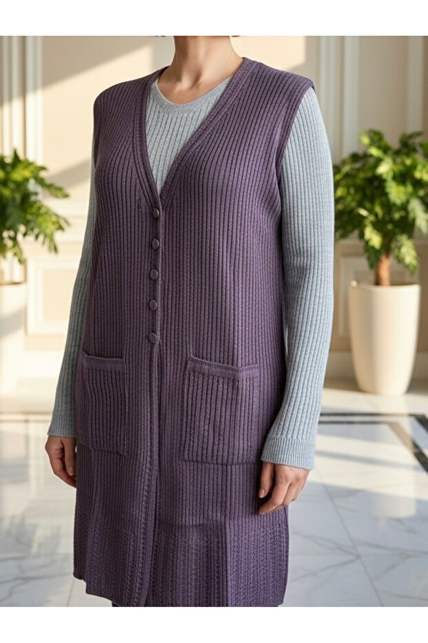 Mercerized Modern Hair Knit Single Knit Long Mother Vest / Lilac
