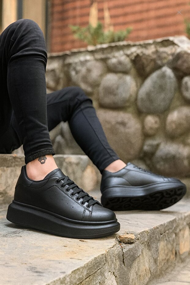 Black Leather Lace-Up High-Based Men's Sneaker