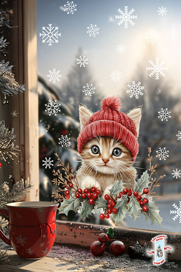 Cute Cat & Snowflakes Glass Ornament – Double-Sided Printing 100% Clear View – Cat Waiting for New Year