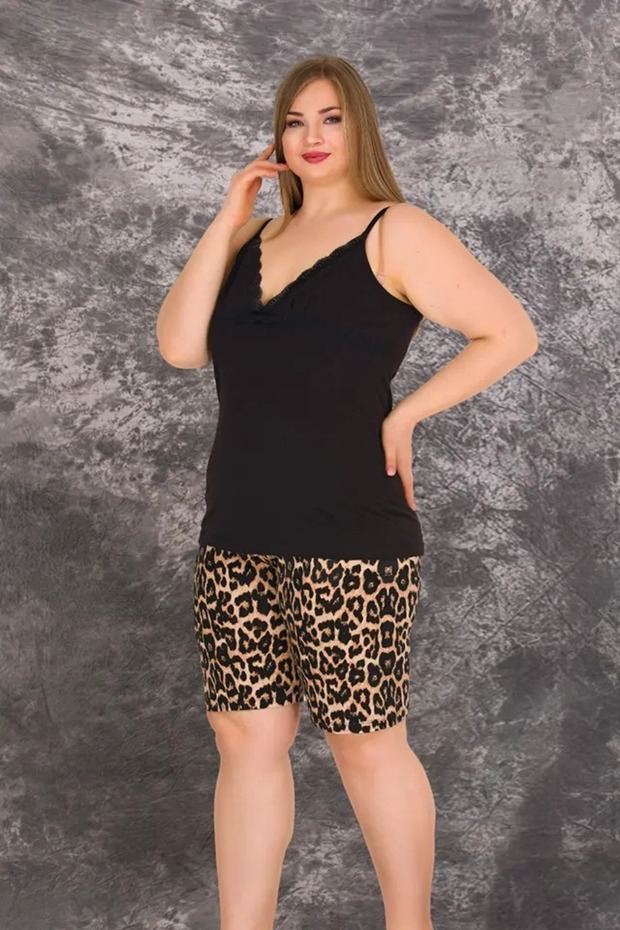 Thin Strap Plus Size Leopard Print Shorts Pajama Set
