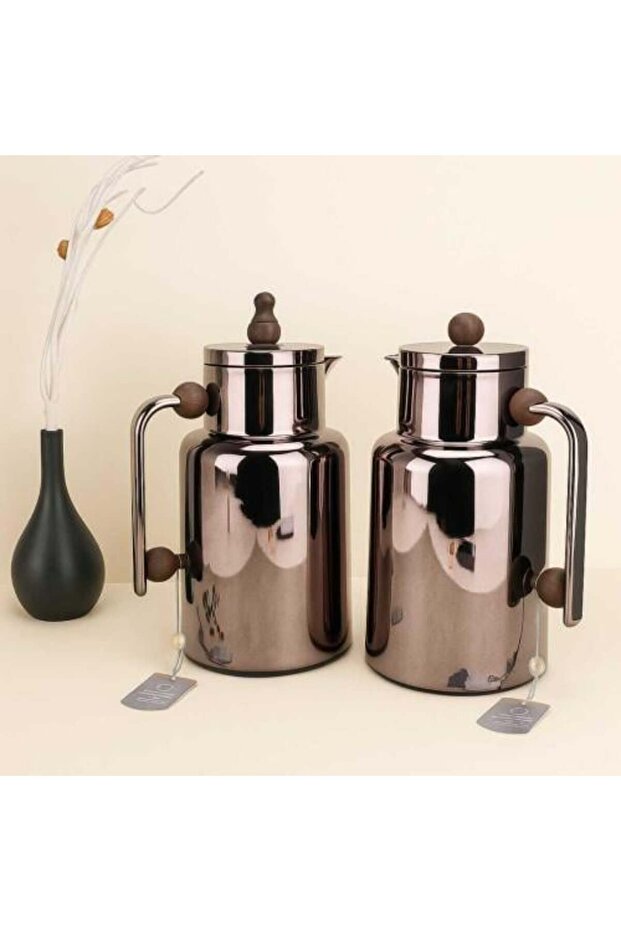 New Brown Tea and Coffee Thermos Set with Wooden Handles