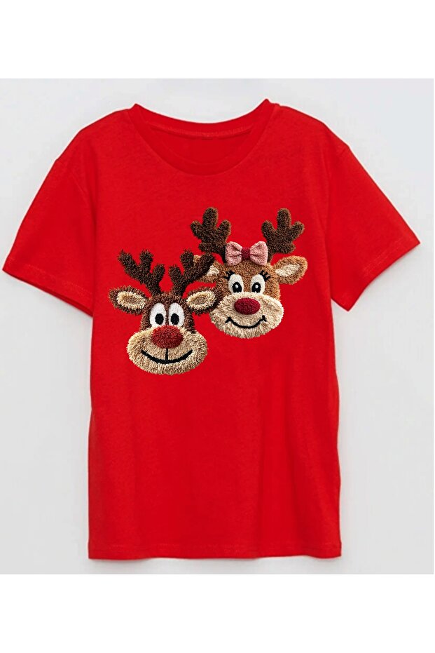 2 Deer Embroidery Image Printed Short-Sleeve Christmas New Year Printed Cotton Child T-Shirt