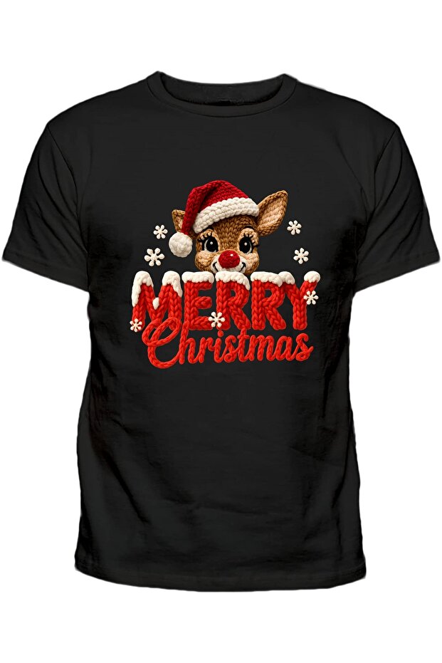 Deer Merry Christmas Printed Short-Sleeve Cotton Embroidery Printed T-Shirt