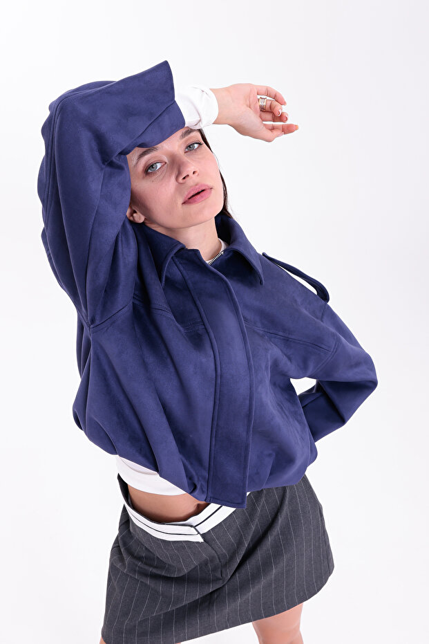 OVERSIZE MAVİ SÜET BOMBER CEKET - 7