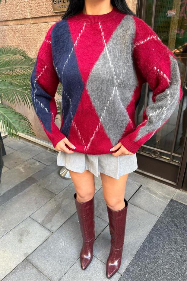 Red Baklava Pattern Sweater - 5