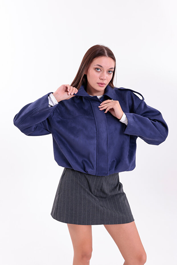 OVERSIZE MAVİ SÜET BOMBER CEKET - 5