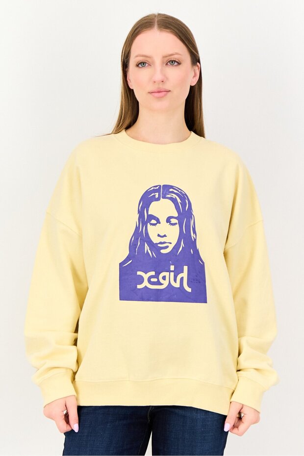 Women Ribbed Collar Brand Logo Long Sleeve Sweatshirt, Yellow