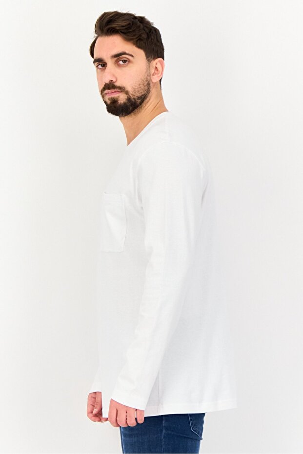 Men Crew Neck Long Sleeve Plain T-Shirt, White - 2
