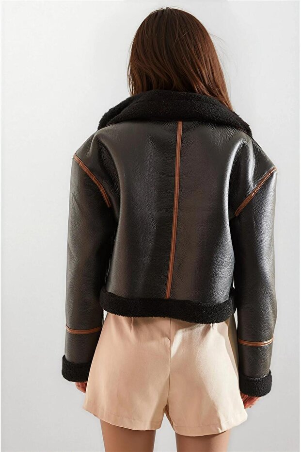 Matte Black Belted Collar Laminated Jacket