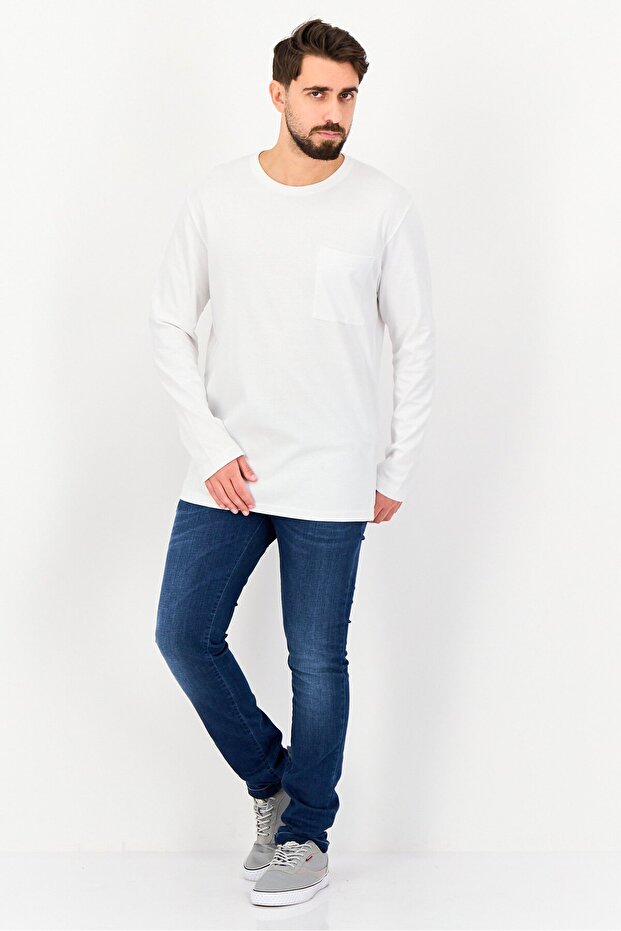 Men Crew Neck Long Sleeve Plain T-Shirt, White - 3
