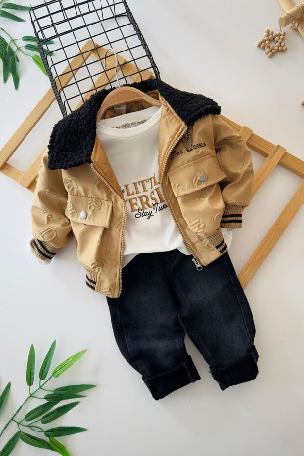 My Little One's Cicileri Embossed Letter Print Coated Boys' 3-Piece Set - Camel