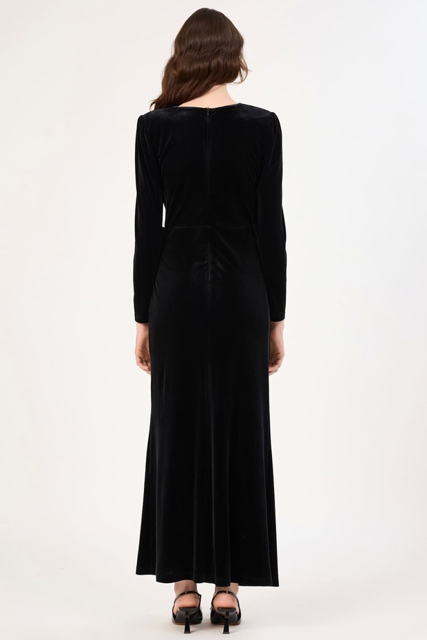 Anvelop yakalı kadife elbise - 3