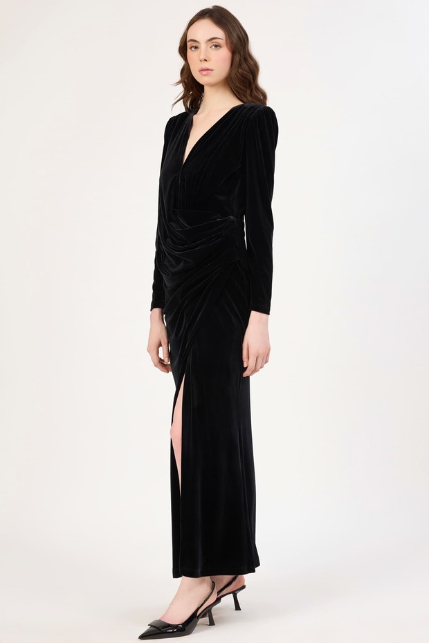 Anvelop yakalı kadife elbise - 1