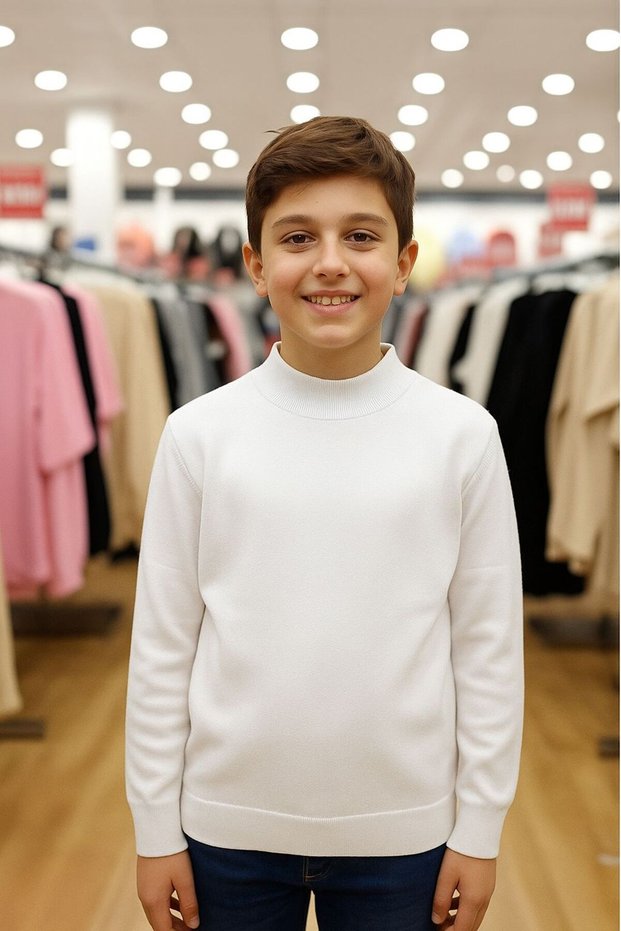 Unisex Children's Long Sleeve Half Fishing Collar Corded Fabric Kaskorse Cotton Sweater Body White