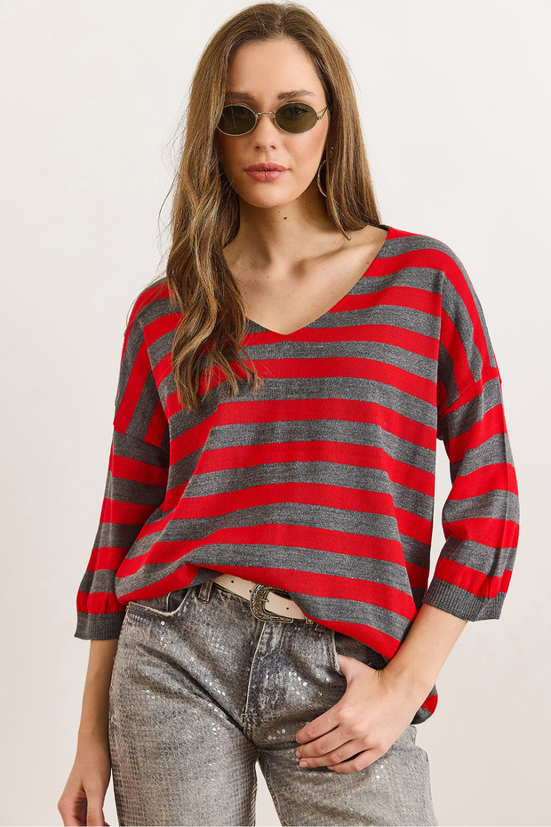 Women's Anthracite V-Neck Striped Short Sleeve Knit Blouse Blz-19002837
