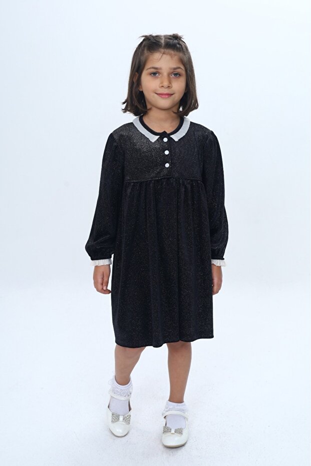 Girl's Collar Buttoned Ruffle Dress