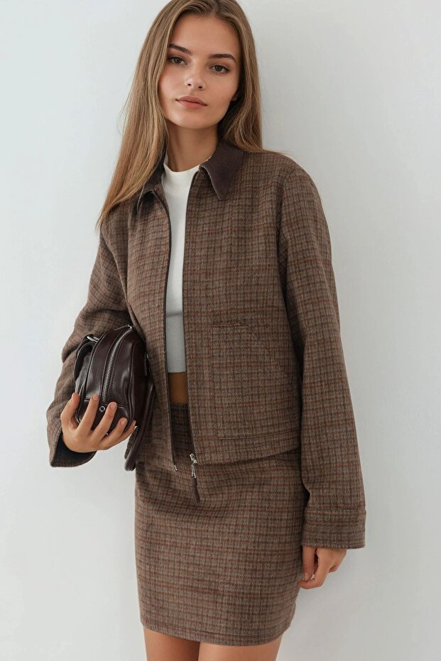 Suede Collar Detailed Plaid Patterned Wool Blend Jacket - 1