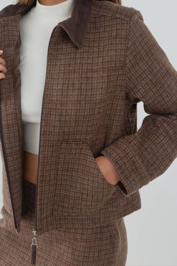 Suede Collar Detailed Plaid Patterned Wool Blend Jacket - 7