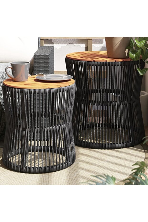 Garden Side Tables 2 pcs with Wooden Top Black Poly Rattan