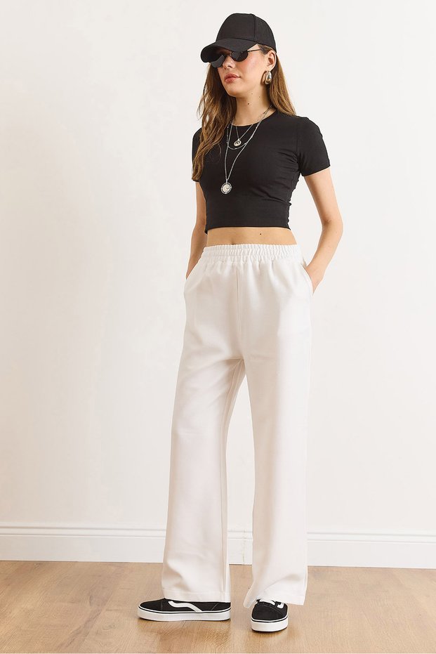 Women's White Waistband Pocketed Wool Effect Wide Leg Winter Trousers Pnt-19000383