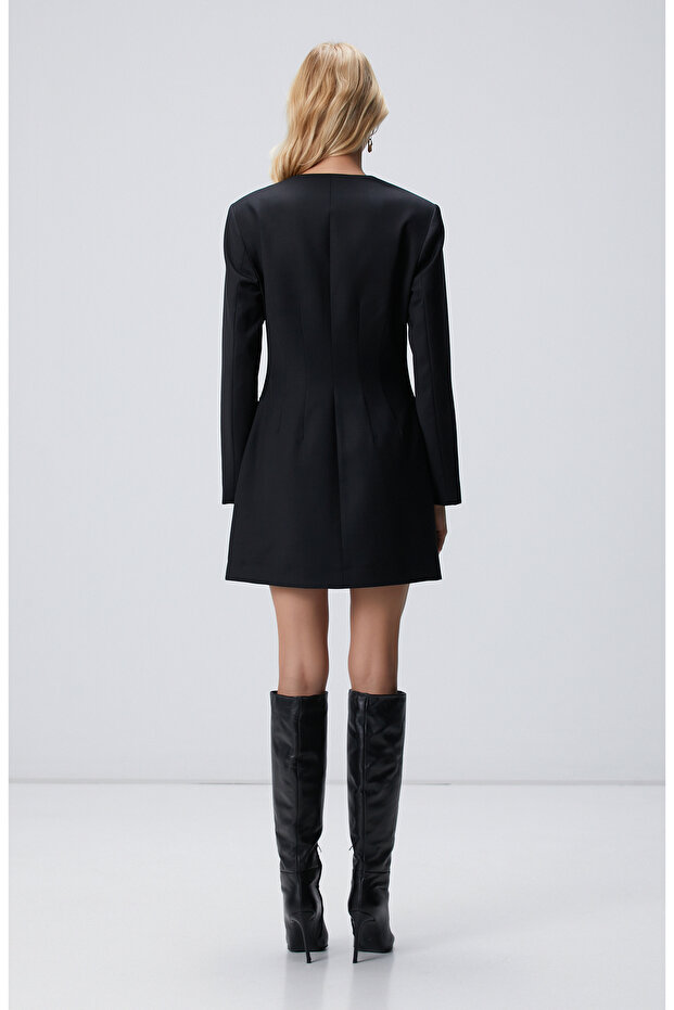 Siyah Mini Yün Elbise - 5