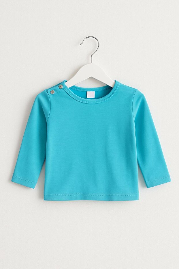 Baby Long Sleeve Top T-Shirt Unisex Blue with Snap Buttons on the Shoulder
