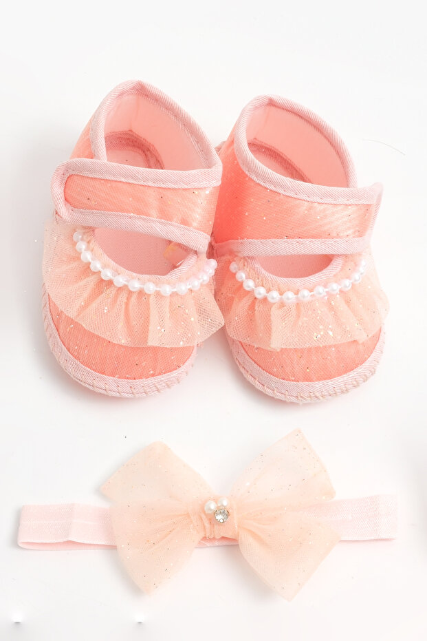 Newborn Salmon Lace Glitter Bow Bandana Booties
